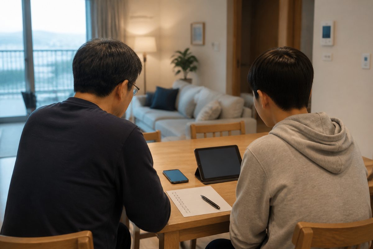 보호자와 자녀가 식탁에서 스마트폰과 태블릿의 설정 상태를 함께 확인하고 있습니다.