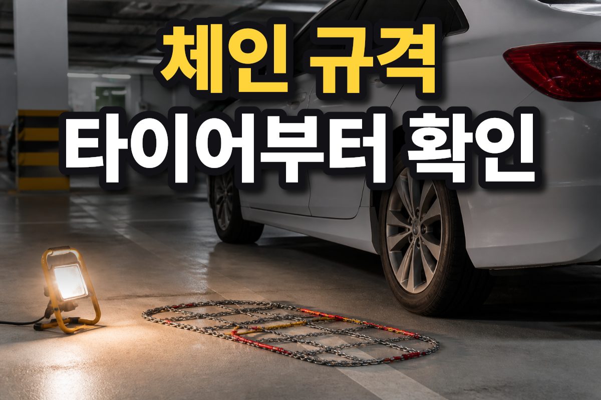 한국 아파트 주차장에서 타이어 옆에 스노우체인을 펼쳐 놓고 장착을 준비하는 모습