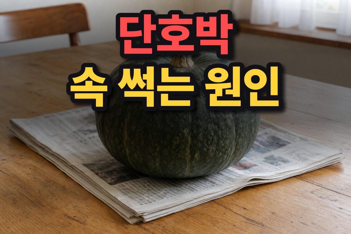 식탁 위에 놓인 신선한 통단호박과 신문지