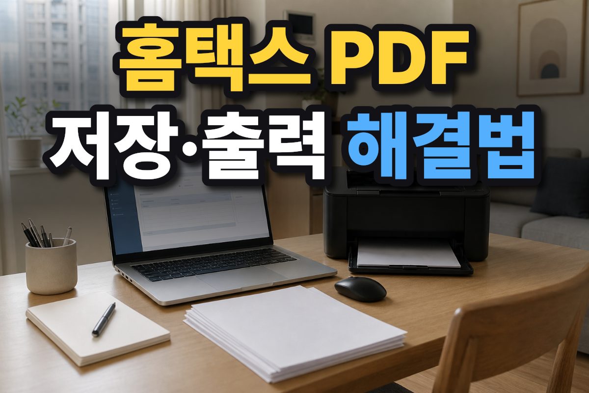 한국 가정의 책상 위에 세금 문서를 띄운 노트북과 소형 프린터가 놓여 있습니다.
