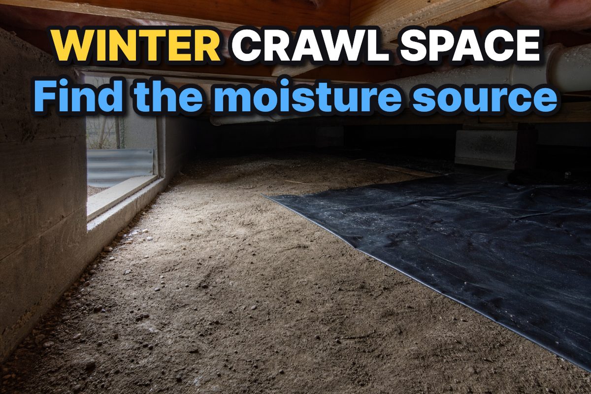 A winter crawl space with moisture visible on a cold pipe beneath the wood floor framing.