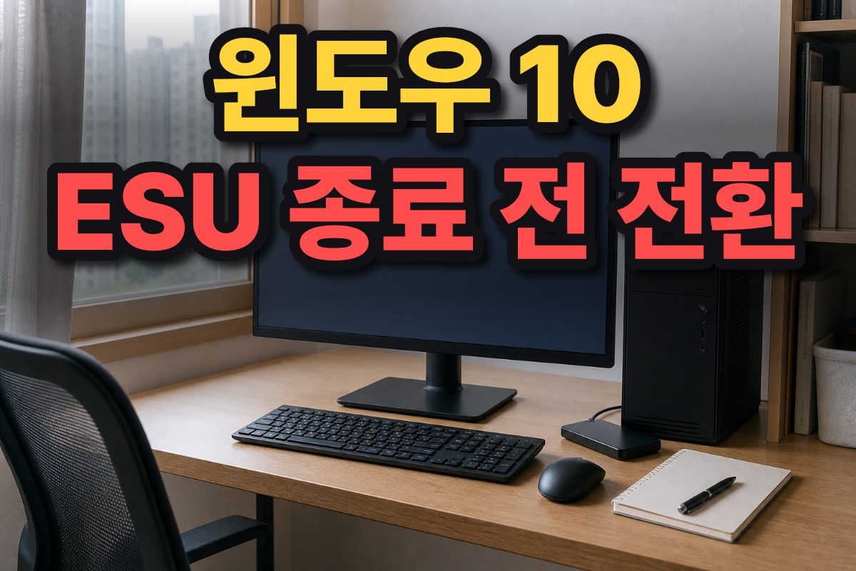 한국의 가정 책상에 모니터와 PC 본체, 외장 저장 장치가 놓여 있다.