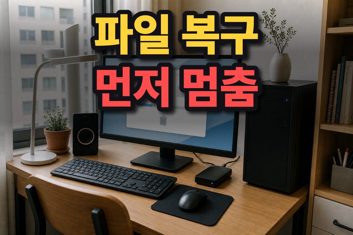 한국 가정의 책상 위 컴퓨터와 외장 저장장치가 놓여 있고 파일 복구를 준비하는 모습.