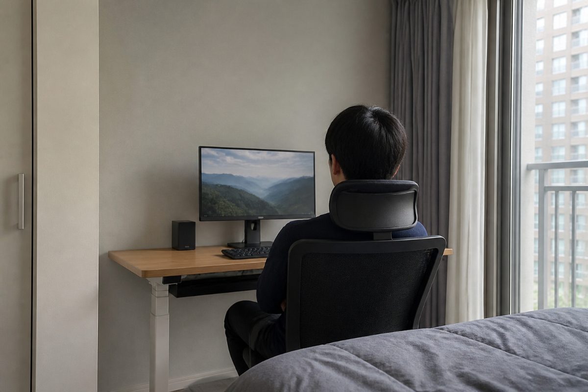 컴퓨터 사용을 멈추고 파일 복구를 준비하는 사람의 뒷모습.