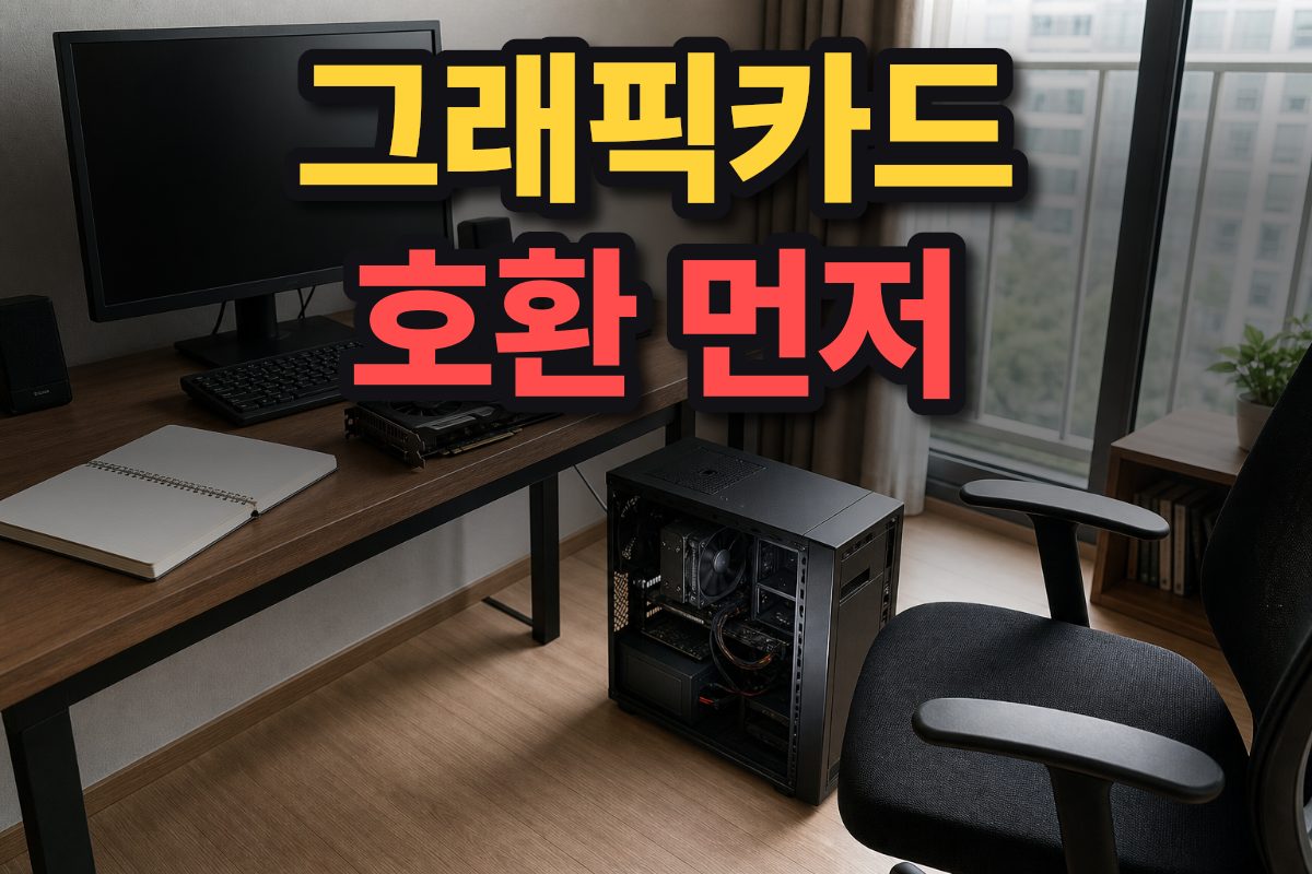 한국 가정의 책상 옆에 열린 PC 본체와 그래픽카드가 놓여 있다.