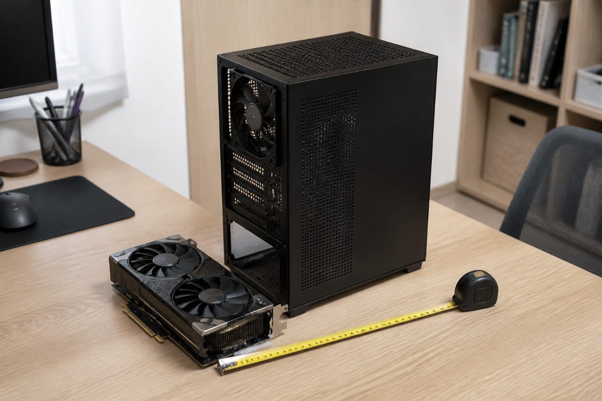 그래픽카드와 PC 케이스 옆에 공간 확인용 줄자가 놓여 있다.