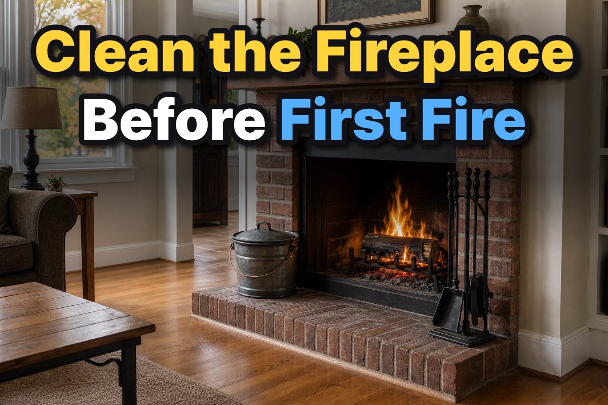 A brick fireplace prepared for fall cleaning with a metal ash bucket and fireplace tools on the hearth.