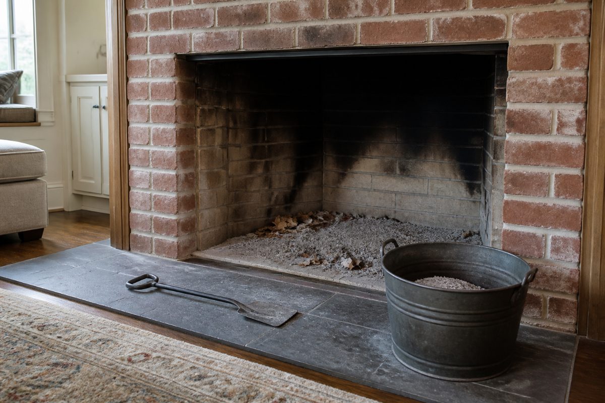 Cold ash and loose debris are being cleared from a brick fireplace into a metal container.