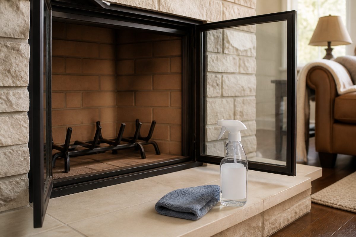 A clean fireplace with glass doors and supplies for wiping the glass without ammonia.