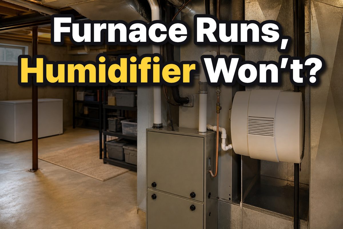 A whole-house humidifier mounted beside a residential furnace in a basement utility room.