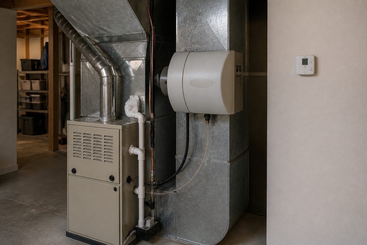 A whole-house humidifier connected to ductwork beside a furnace in a home utility room.