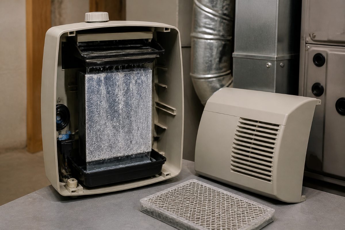 A water panel and distribution tray with visible mineral scale during humidifier maintenance.