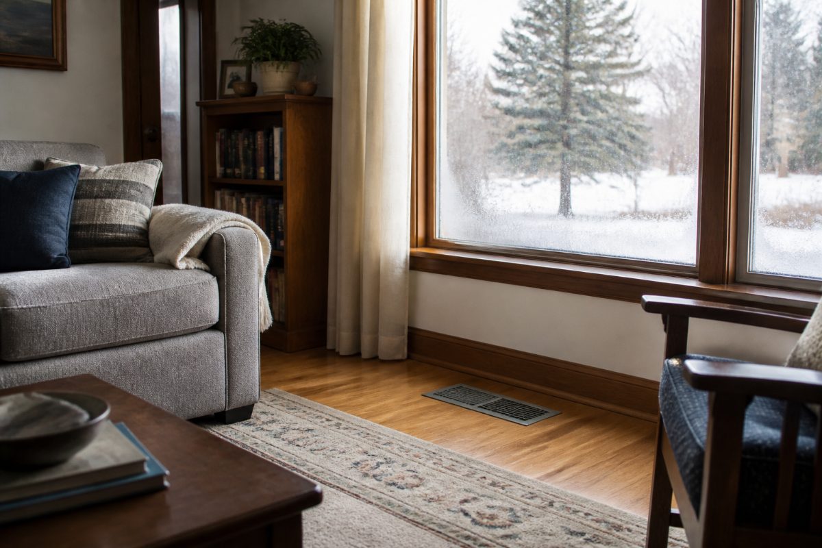 A living room window with slight condensation illustrating why humidifier settings need monitoring.