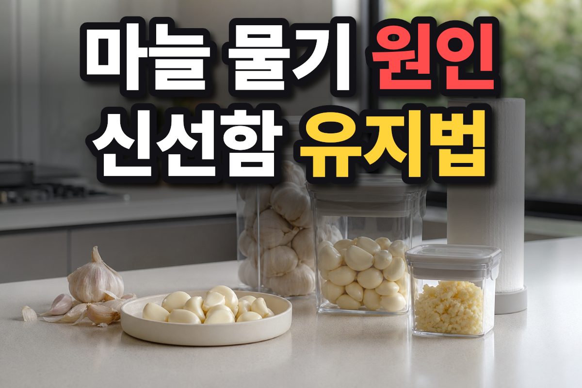 주방 식탁 위에 놓인 신선한 마늘과 밀폐용기