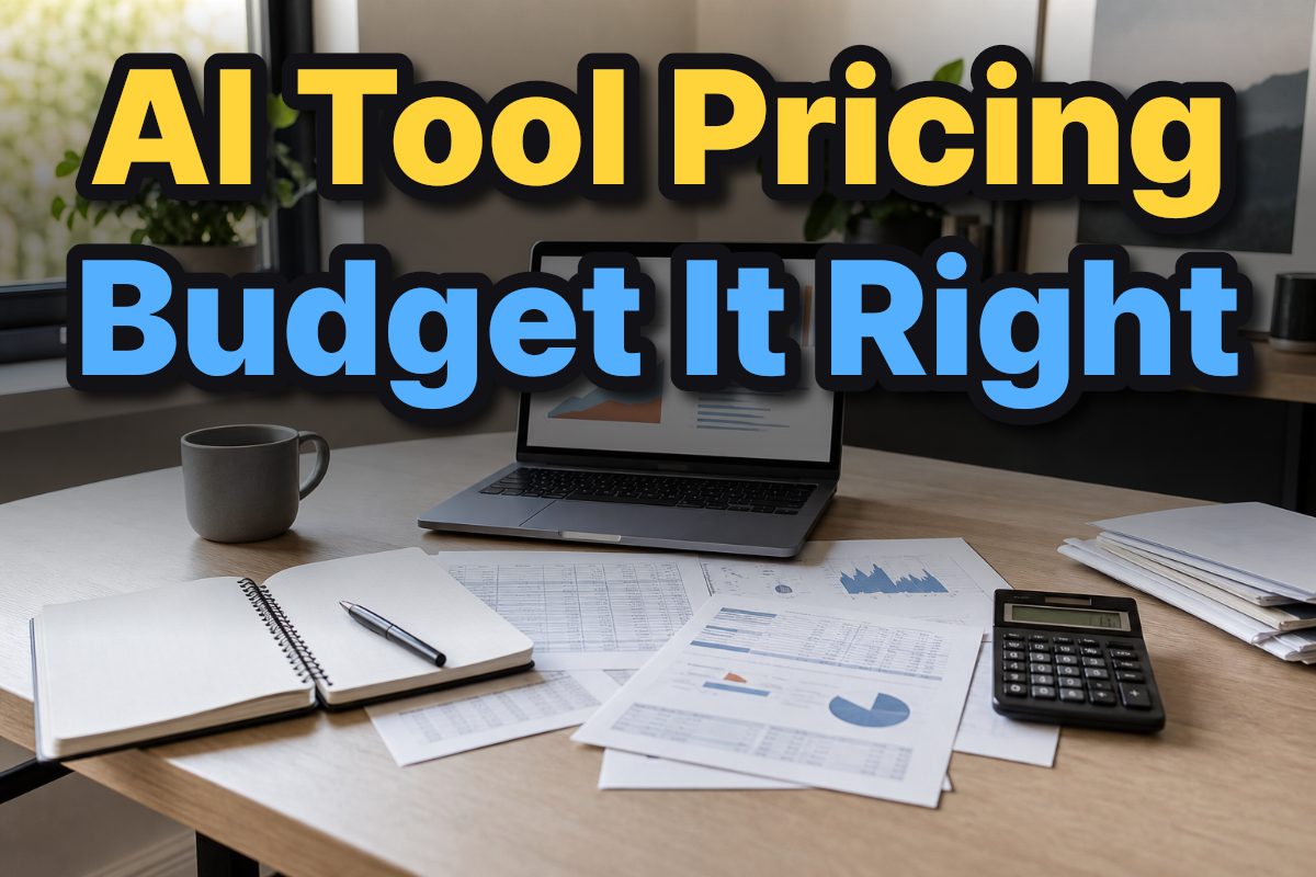 A laptop with abstract budget charts, invoices, and a notebook on a home-office desk.