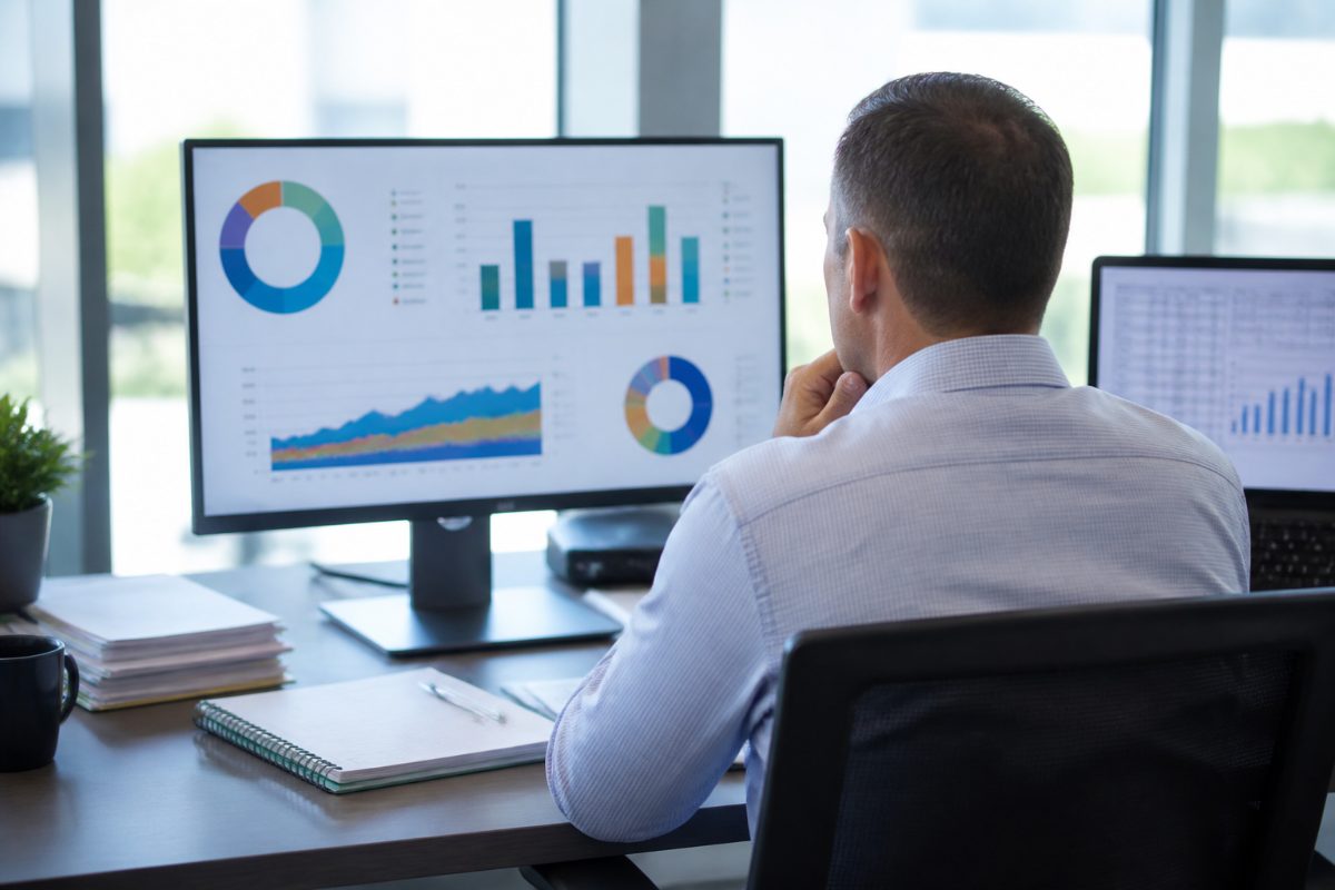 A budget owner reviewing abstract AI spending and cost allocation charts in an office.