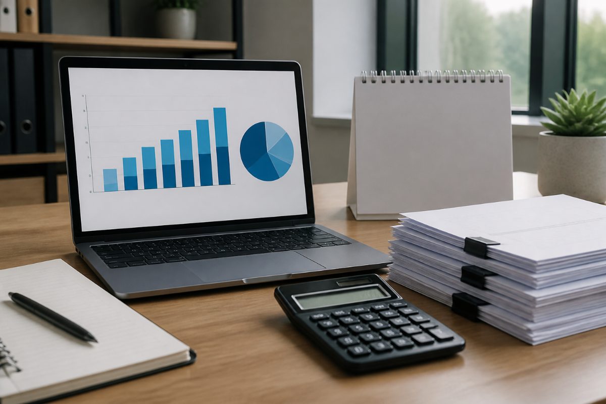 A laptop, blank calendar, calculator, and invoices prepared for a quarterly AI spending review.