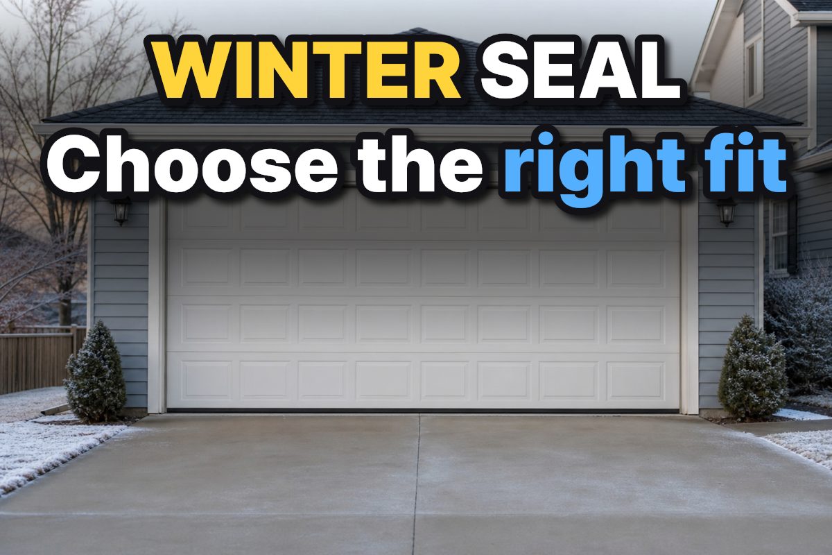 A closed suburban garage door with a bottom weather seal on a chilly winter morning.