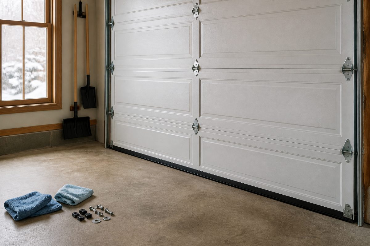 A floor-mounted threshold positioned beneath a closed residential garage door.