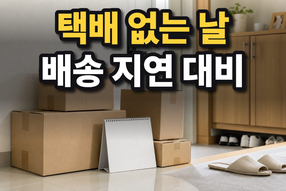 한국 아파트 현관에 택배 상자가 놓여 있고 뒤쪽에 글자가 보이지 않는 달력이 있습니다.