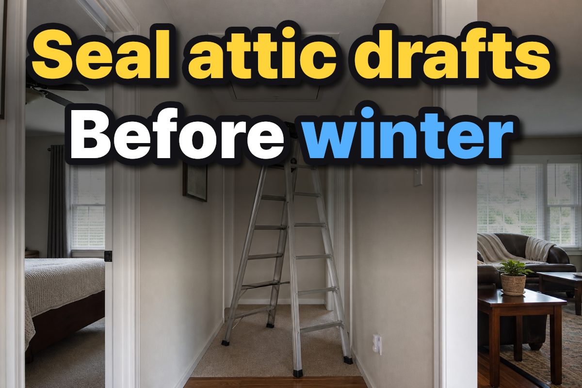 A ceiling attic hatch above a step ladder in a clean American home hallway.