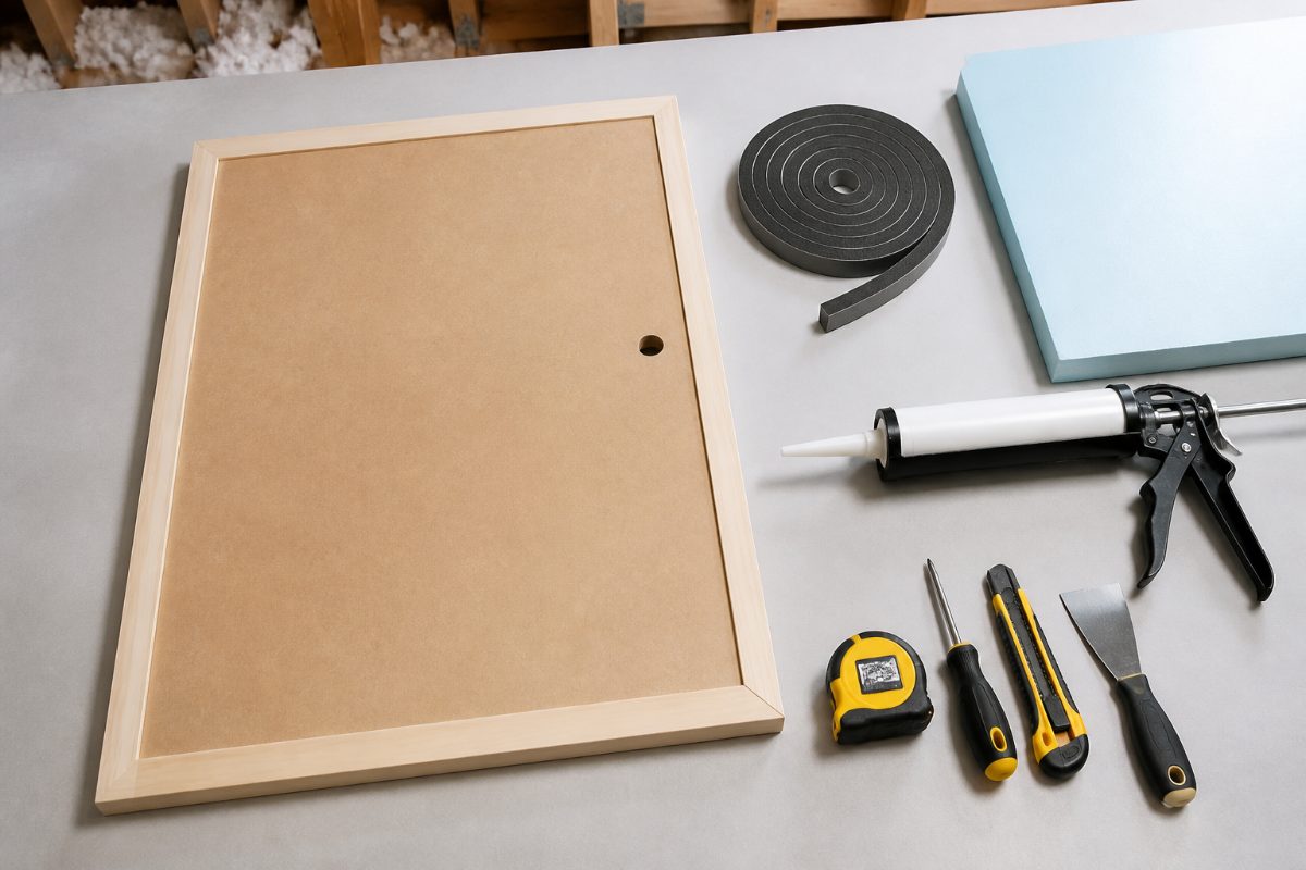 An attic hatch panel with weatherstripping and rigid foam insulation materials arranged nearby.