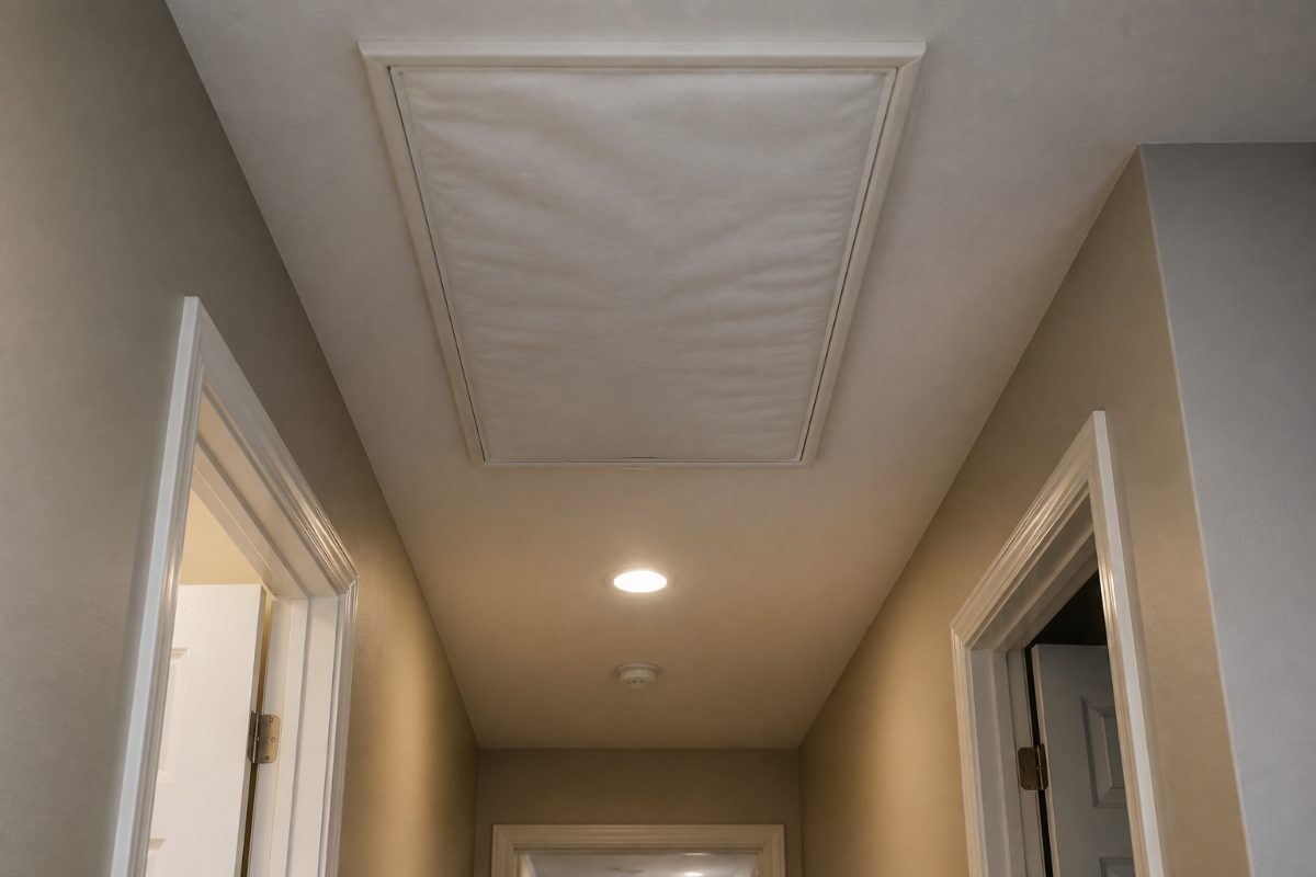 A closed pull-down attic stair opening with an insulated cover in a home hallway.