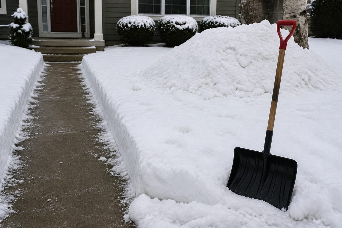 A cleared walkway has snow piled on the property away from the street.