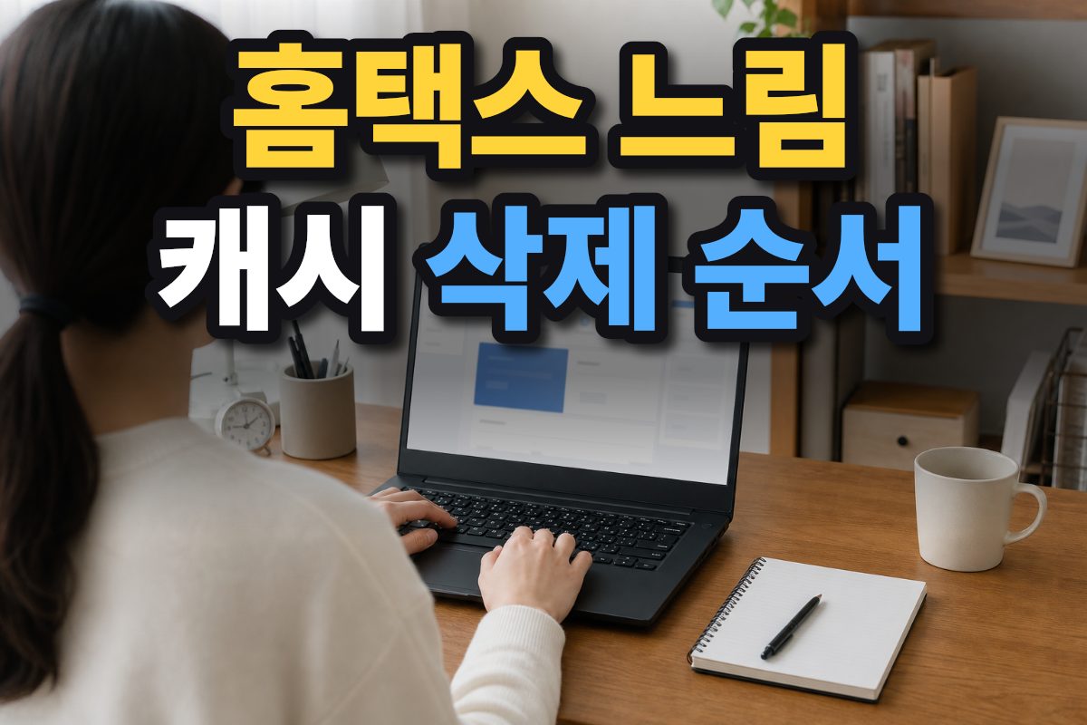 한국 가정의 책상 위 노트북에서 세금 서비스 페이지를 확인하는 모습