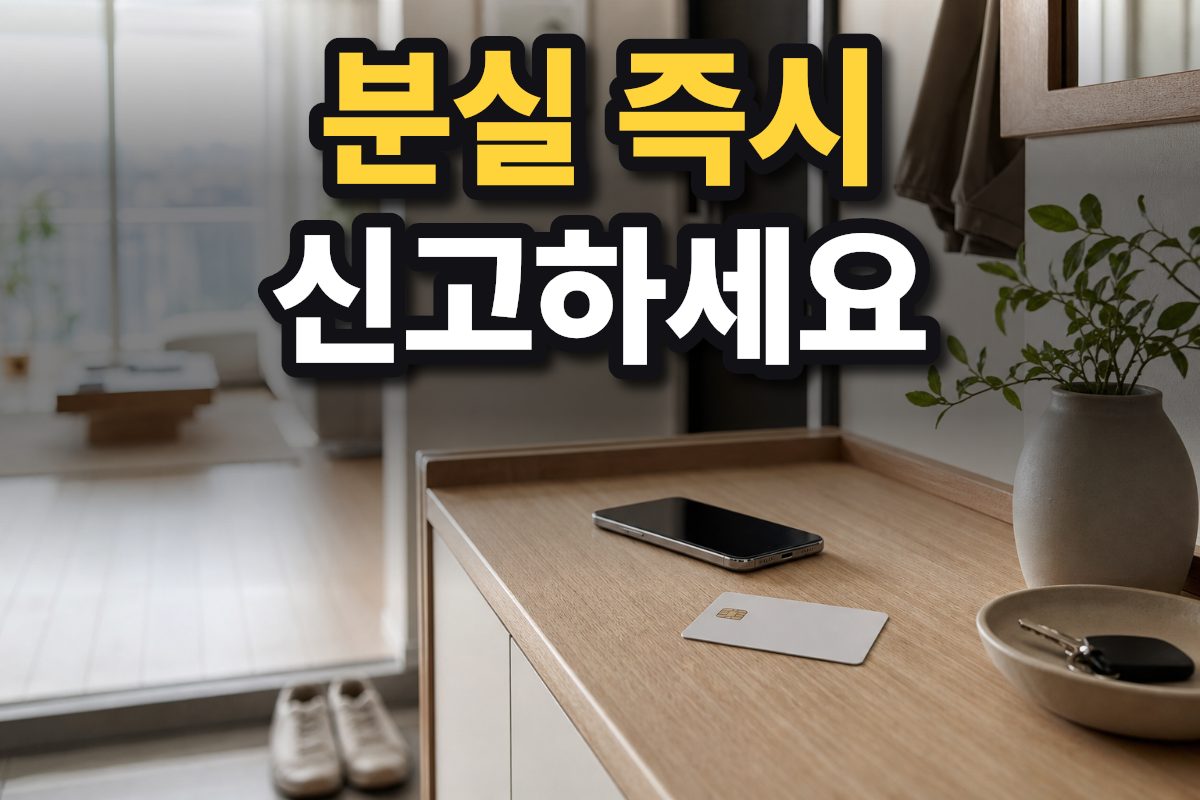 한국 아파트 현관 콘솔 위에 로고 없는 카드와 스마트폰이 놓여 있습니다.