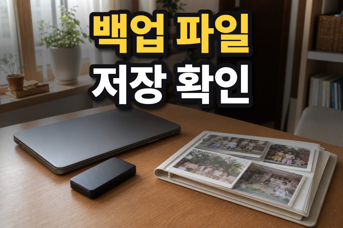 한국 가정의 책상 위에 노트북과 외장 드라이브가 놓여 있다.