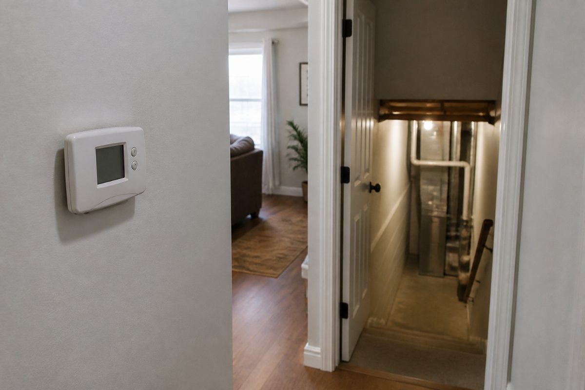A wall thermostat in a home hallway near the stairs to the furnace.