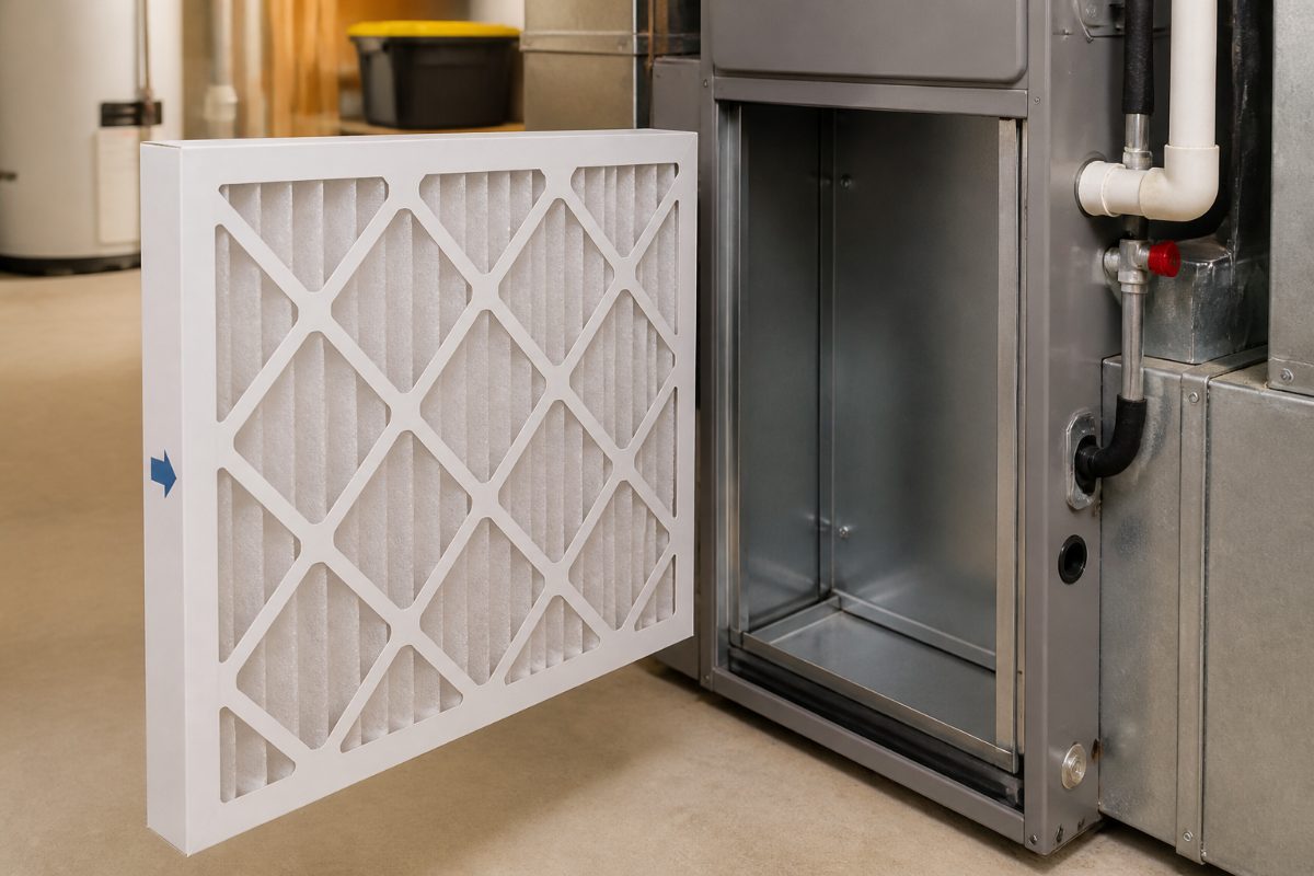 A pleated furnace filter beside the accessible filter slot of a residential furnace.