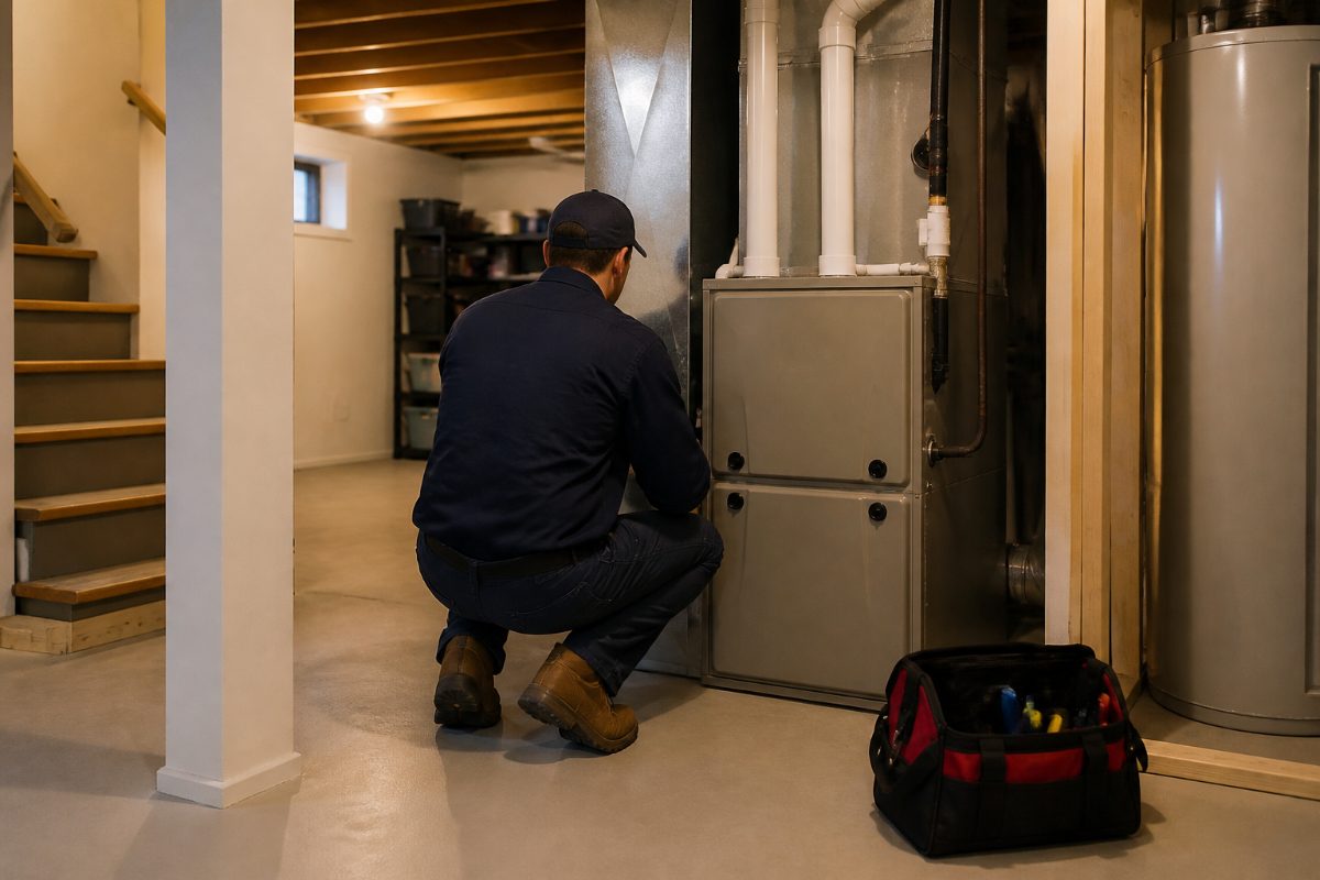 An HVAC technician inspecting a residential furnace in a basement.