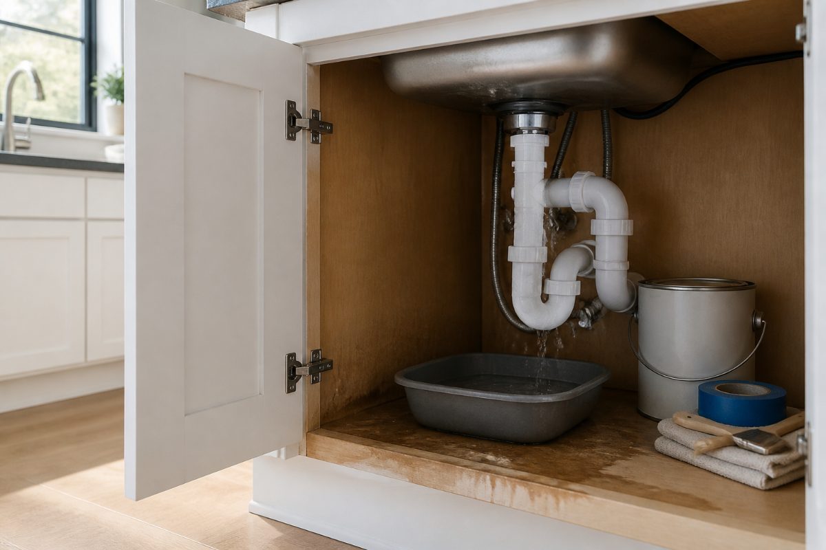 A small leak beneath a kitchen sink is collecting in a pan while cosmetic painting supplies sit nearby.