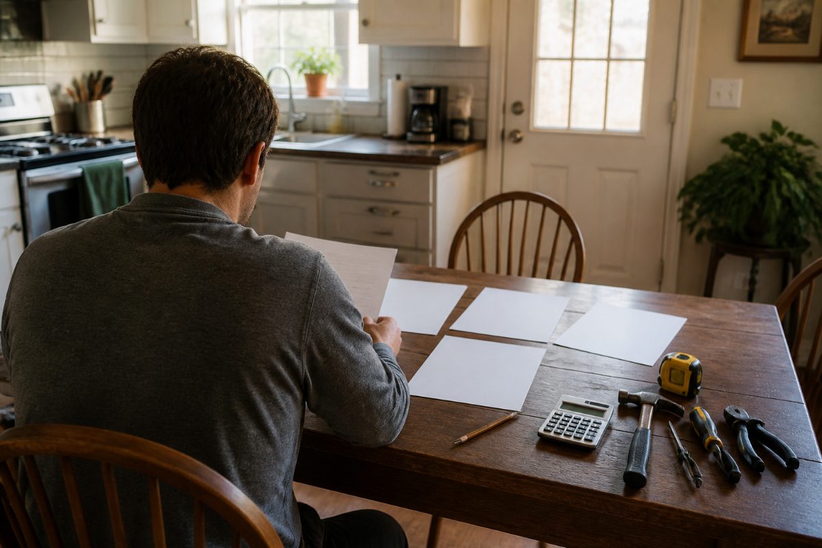 A homeowner reviews unmarked repair estimate papers beside a calculator and basic tools at a kitchen table.