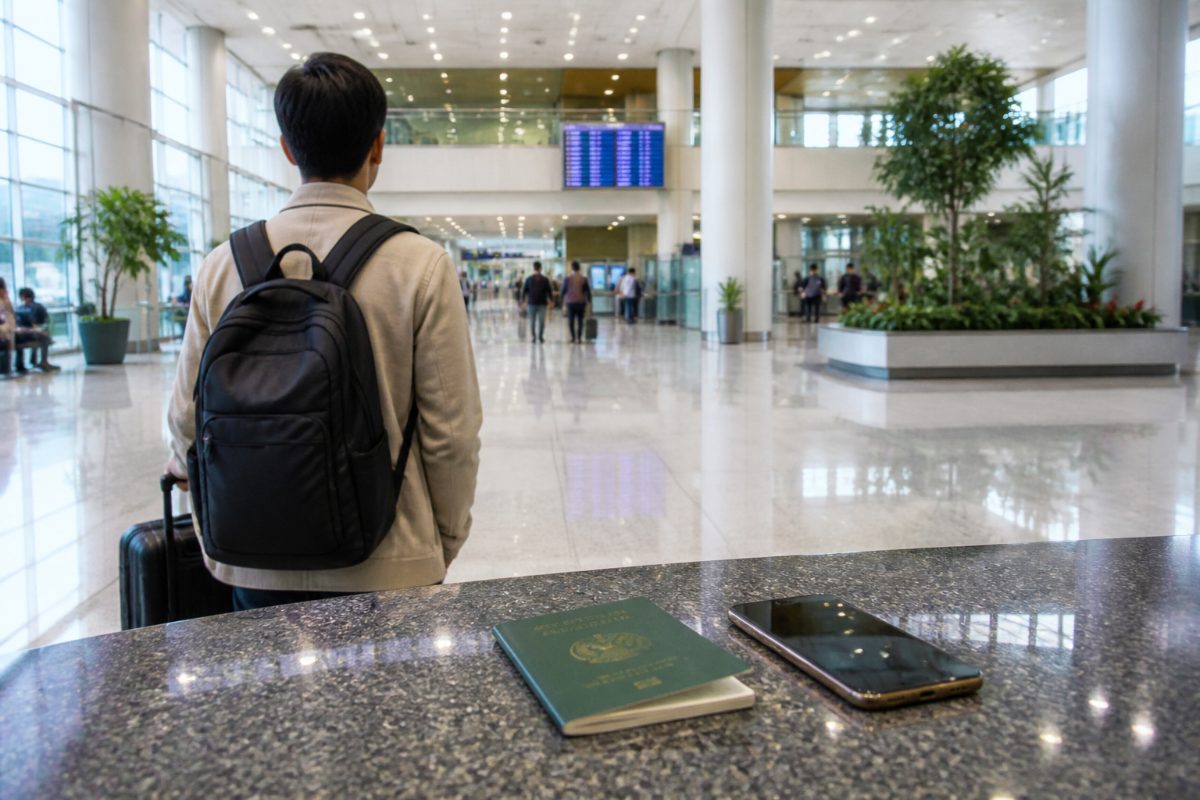한국의 현대적인 국제공항 도착 구역에 여권과 휴대전화가 놓여 있습니다.