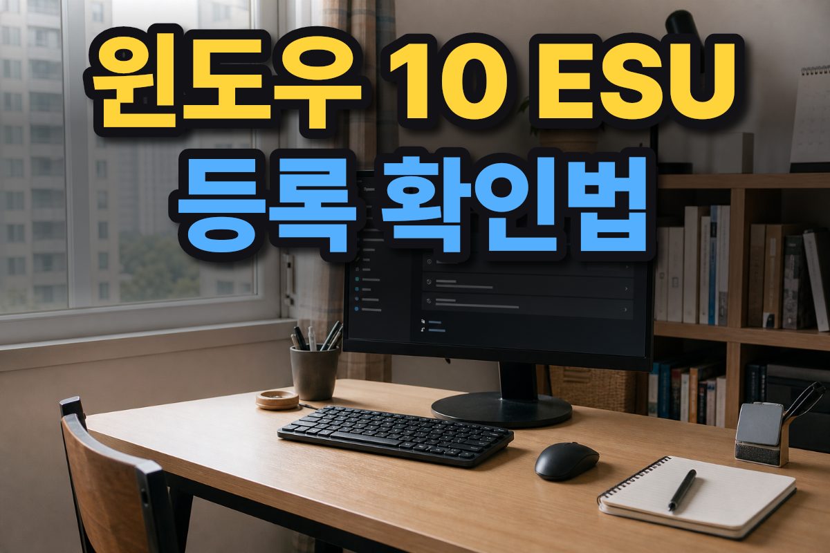 한국 가정의 책상 위 모니터에서 Windows 업데이트 설정 화면을 확인하는 모습