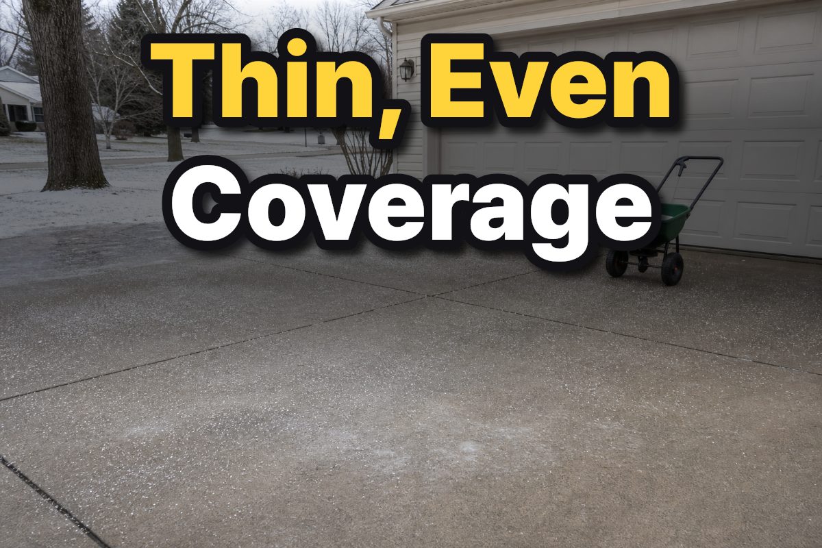 A thin layer of ice melt is spread across an icy section of a suburban driveway.