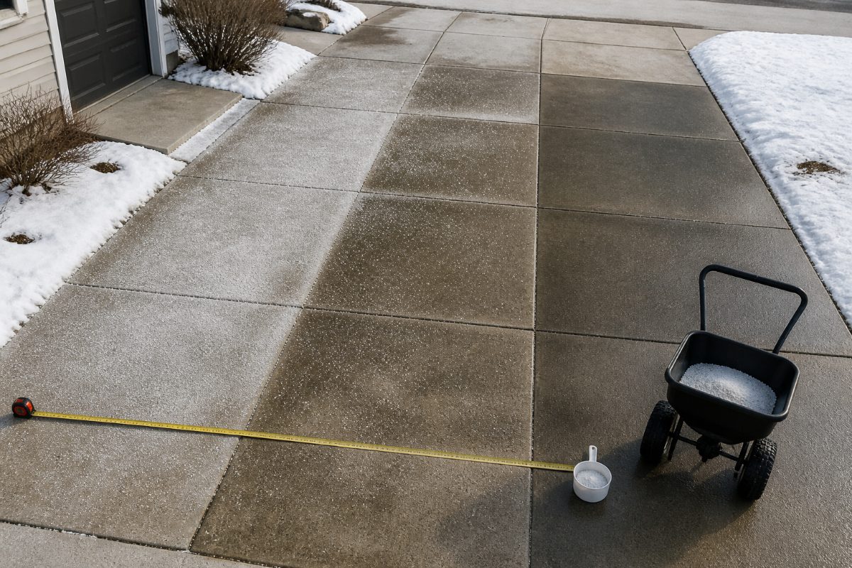 A driveway section is measured before ice melt is spread.