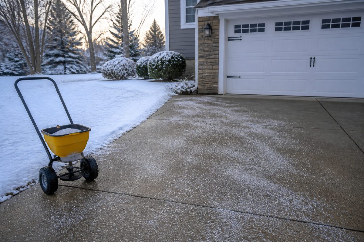 A homeowner's driveway receives a light, even application before ice forms.