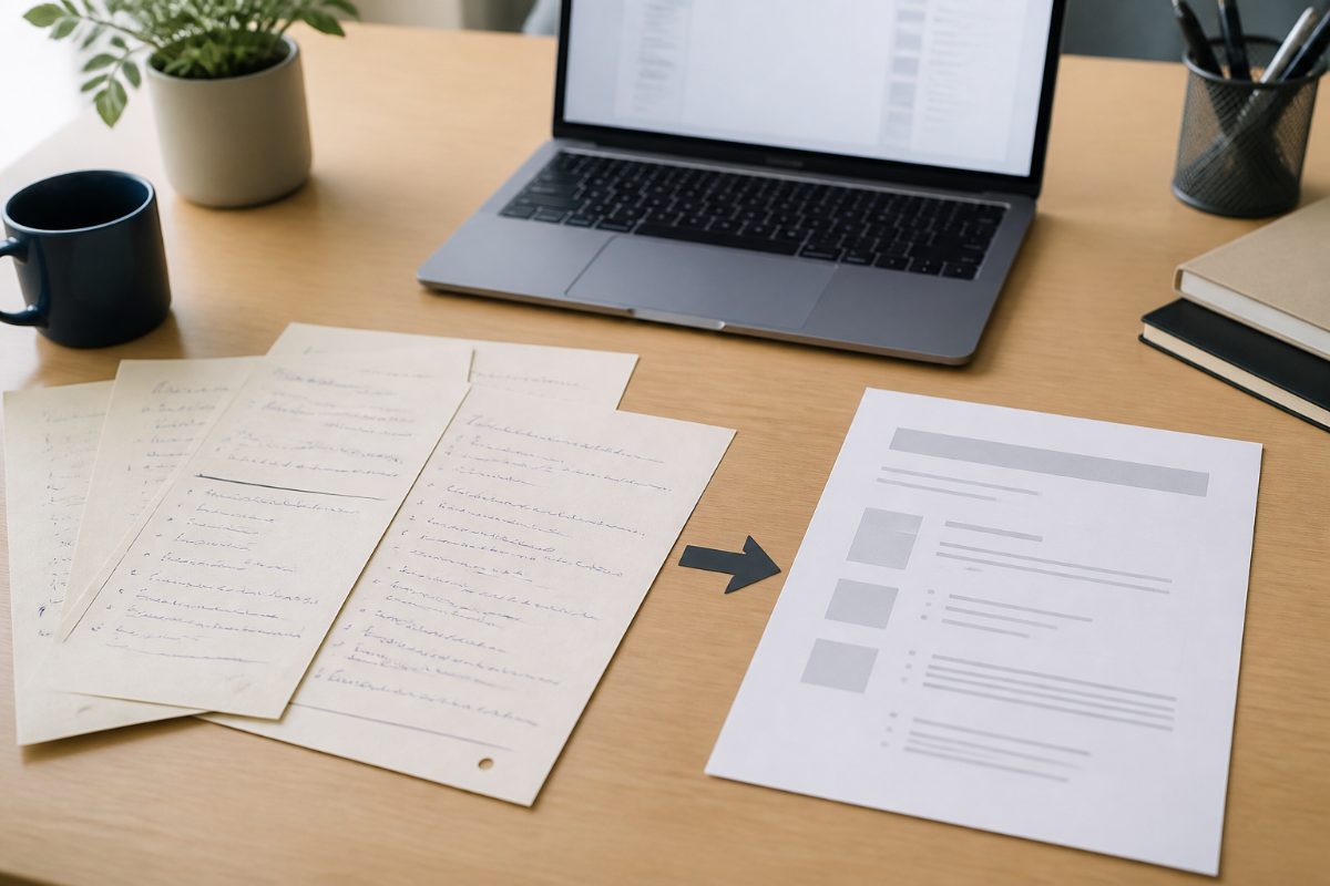 Support case notes sit beside a clean article draft on an office desk.