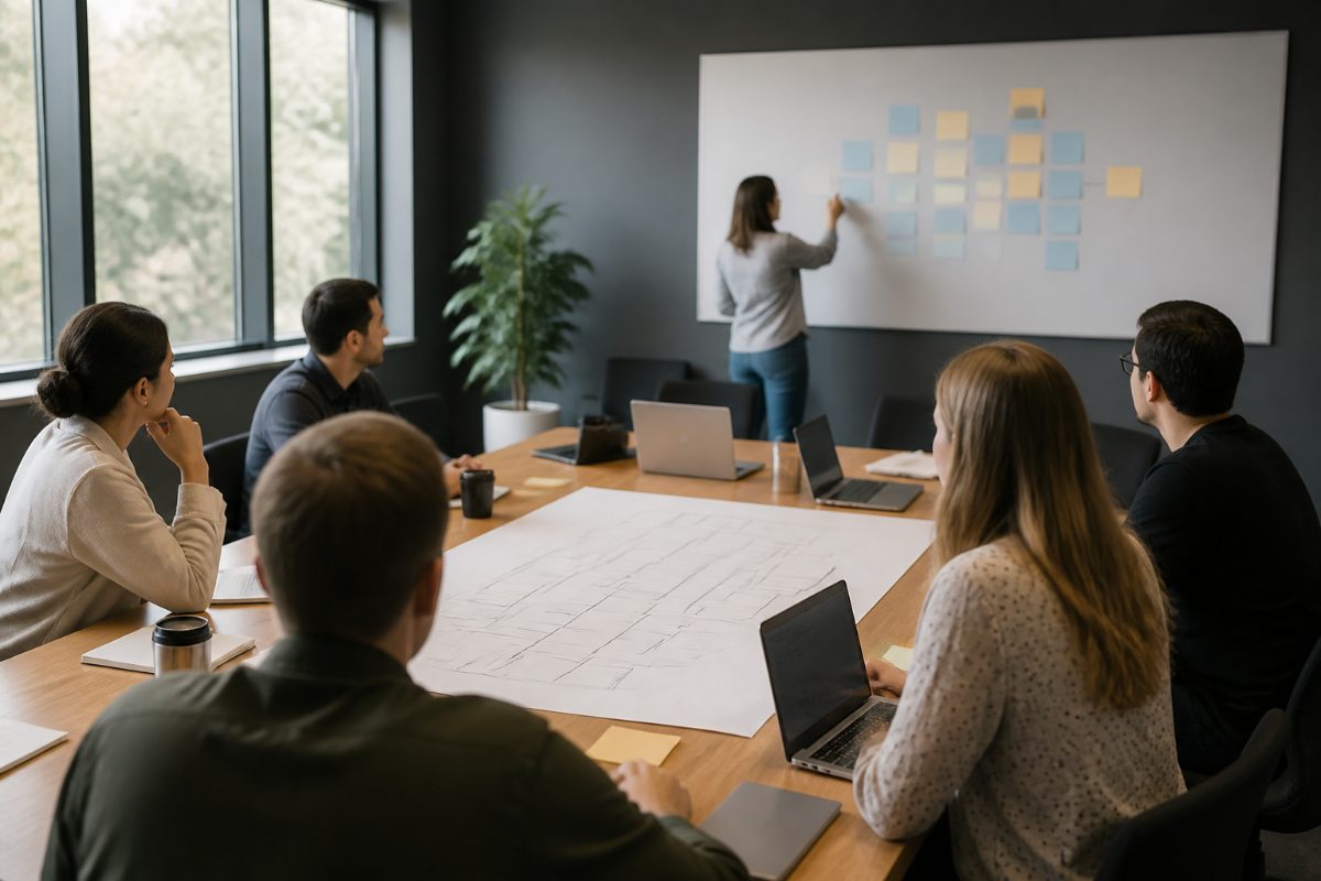 A support team reviews an article approval workflow in a bright office.