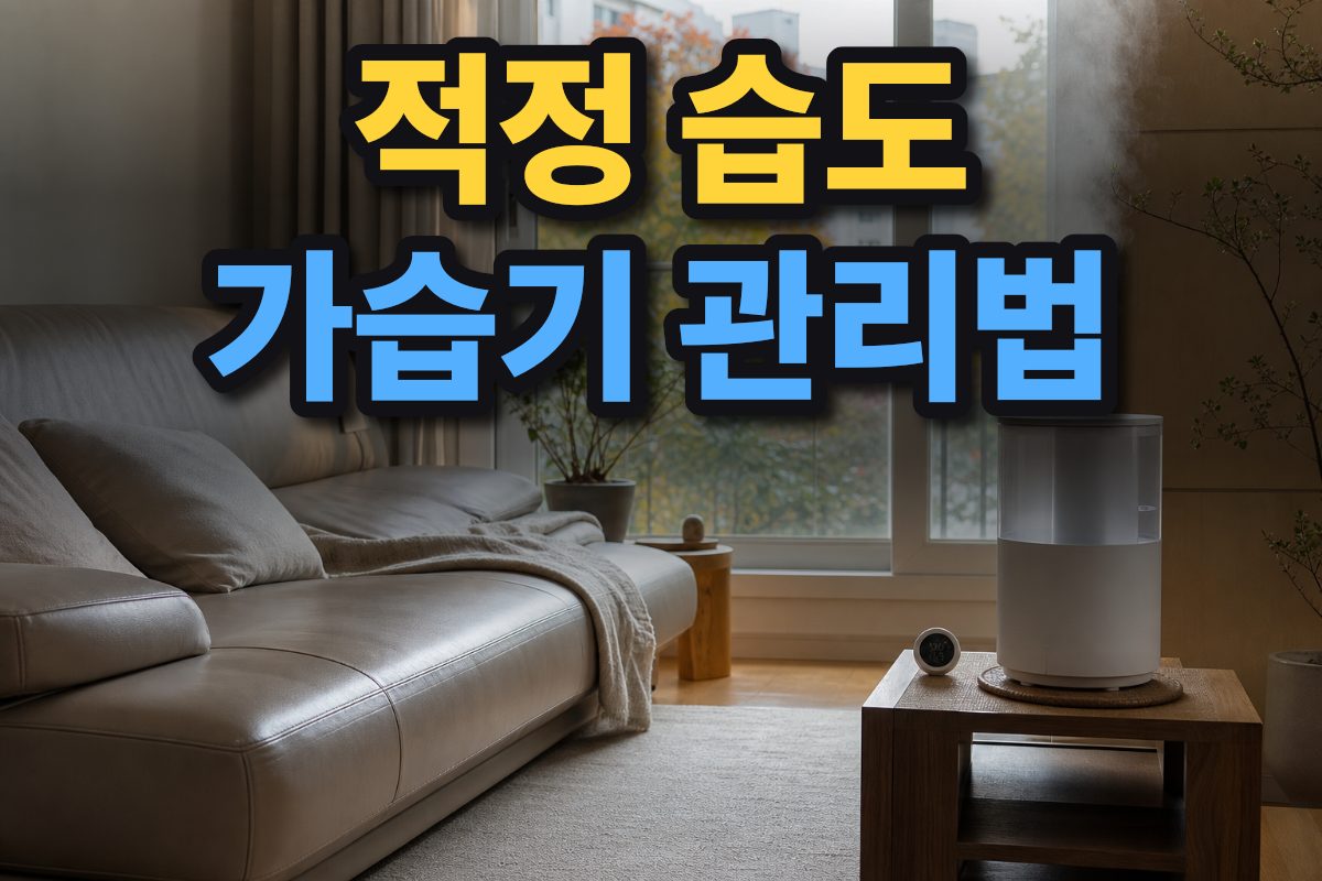 환절기 한국 아파트 거실의 테이블 위에 가습기와 습도계가 놓여 있다.
