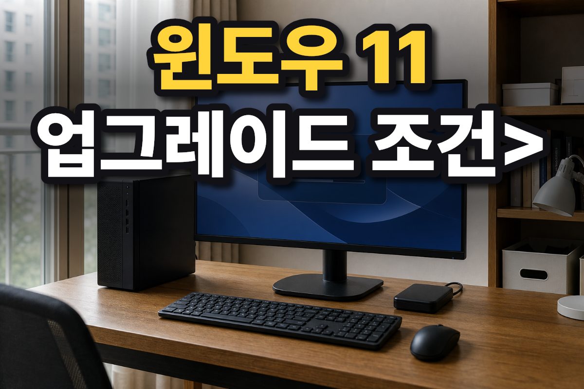 한국 가정의 책상에서 데스크톱 PC로 운영체제 업그레이드를 준비하는 모습