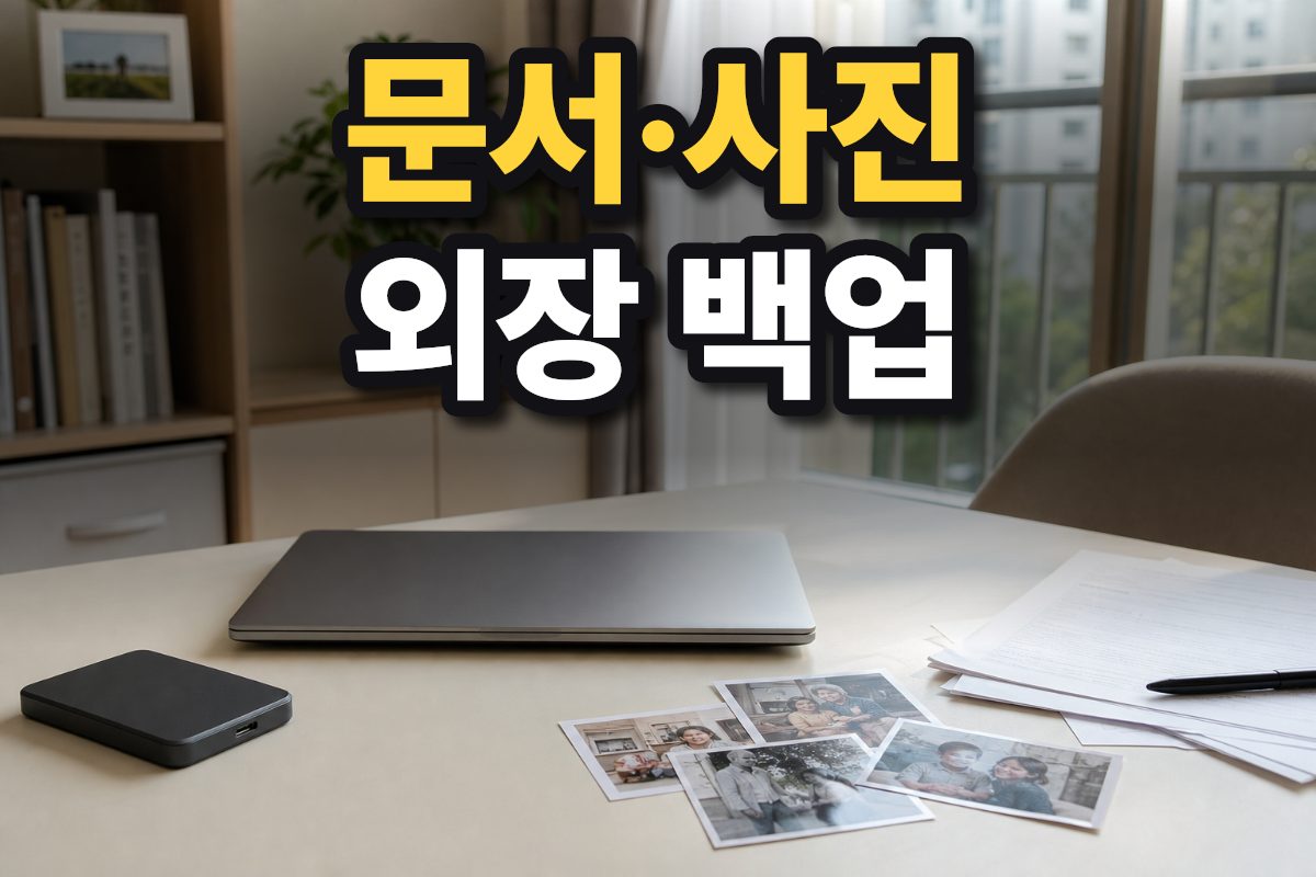 한국 가정의 책상 위에 노트북과 외장 드라이브, 문서와 사진이 놓여 있습니다.