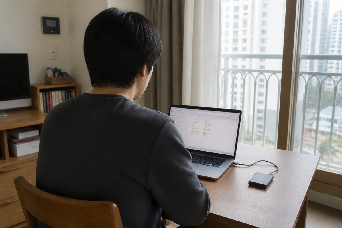 노트북 옆에 외장 드라이브를 연결하고 파일을 정리하는 가정의 책상 모습입니다.