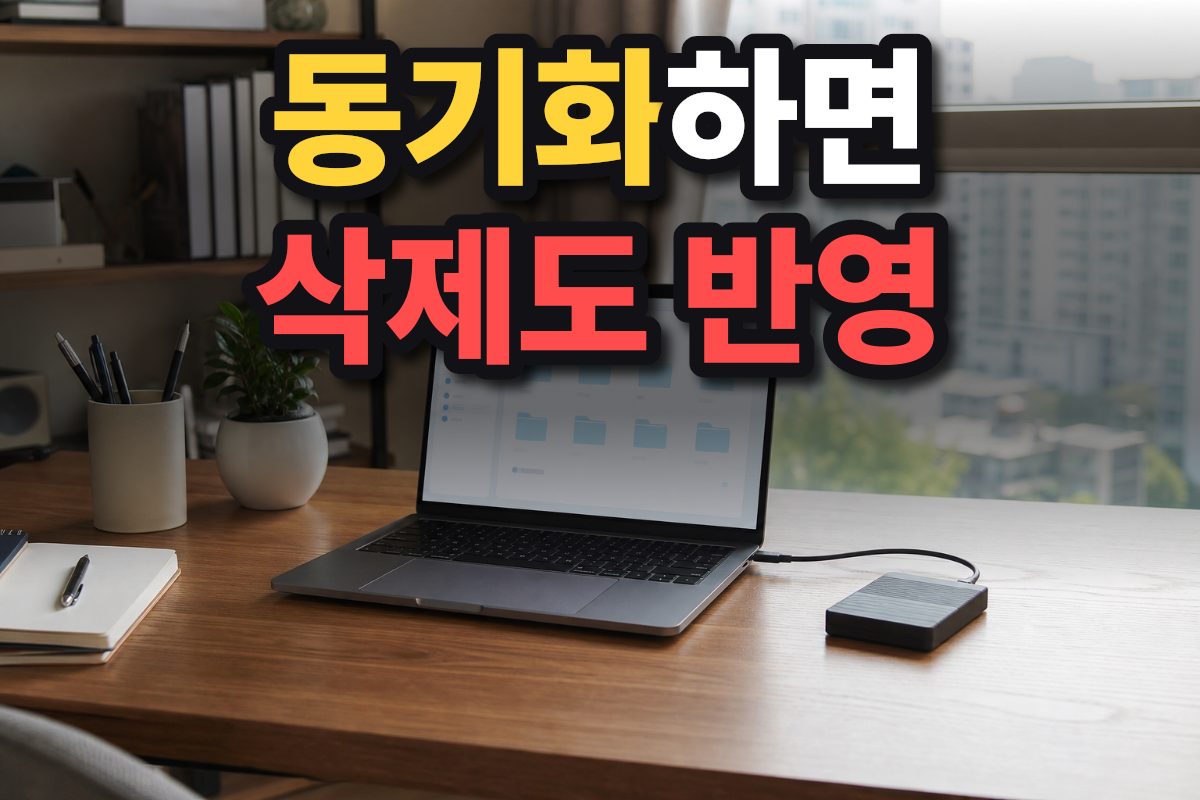 한국 가정의 책상 위 노트북과 별도 저장장치가 놓여 있어 클라우드 동기화와 파일 복사본의 차이를 보여 줍니다.