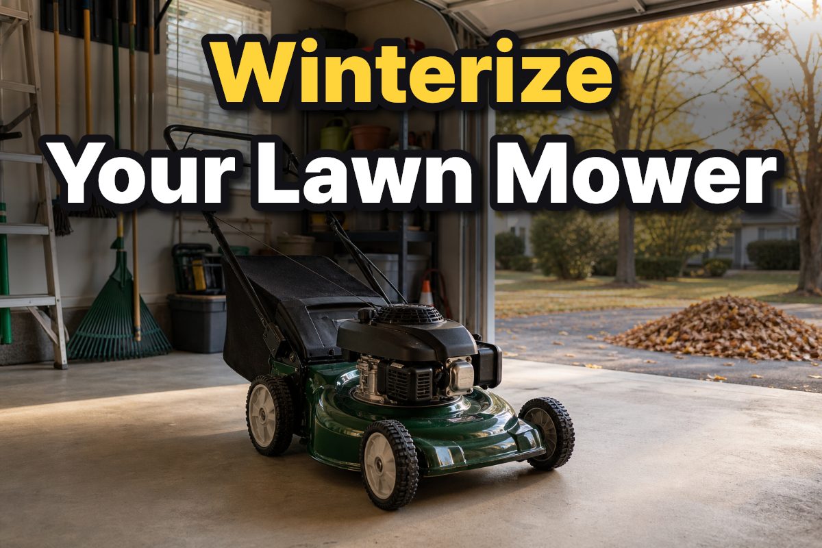 A walk-behind lawn mower sits clean and dry in a sheltered residential garage before winter.