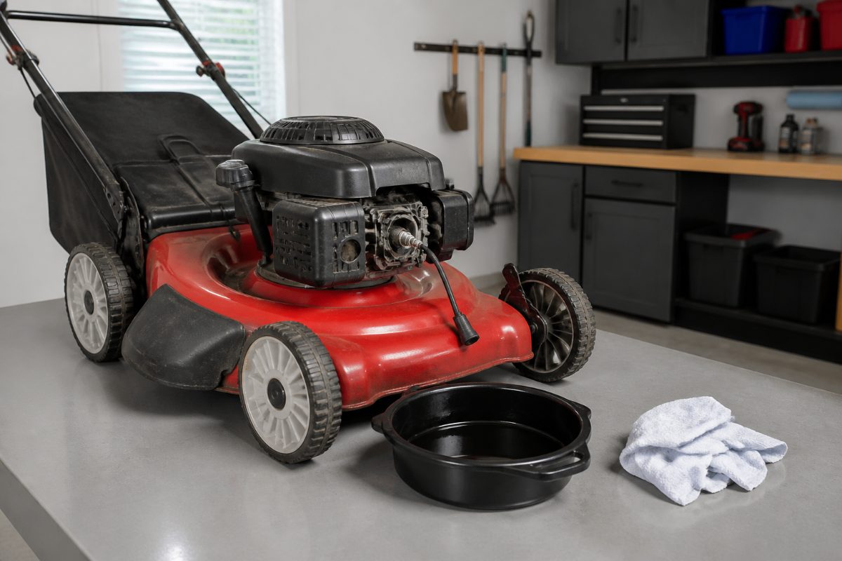 A gas mower is prepared for winter maintenance with its spark plug disconnected and cleaning supplies nearby.